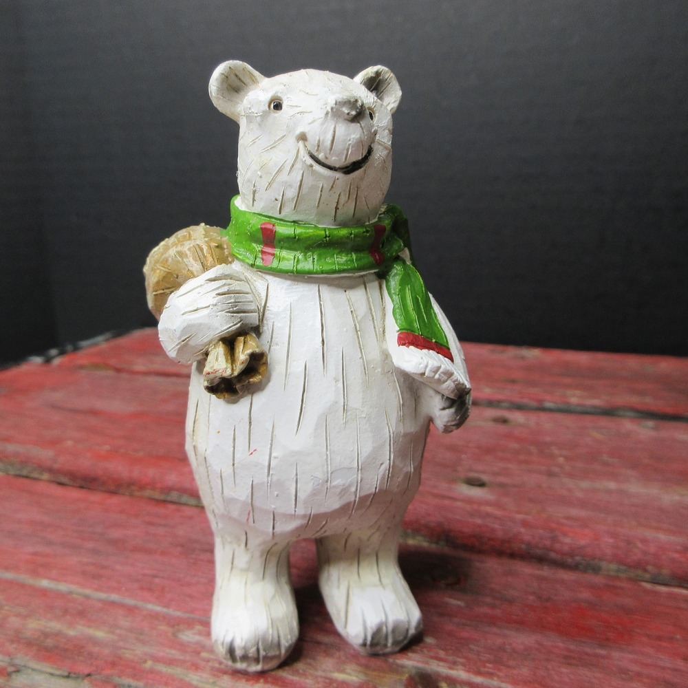 Christmas Polar Bear Figurine Statue with Scarf & Sack Winter Holiday Decor NEW